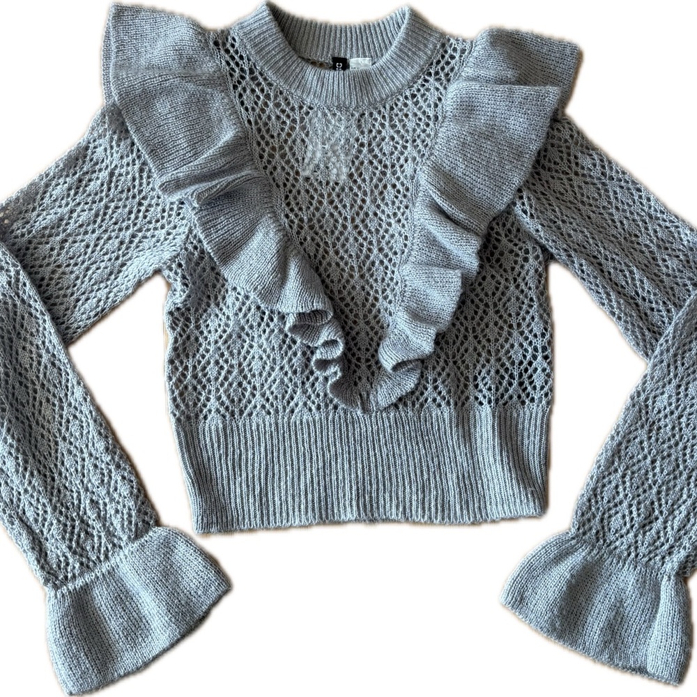 Divided by H & M RUFFLE-TRIMMED POINTELLE KNIT SWEATER Gray Ruffled Sweater XS